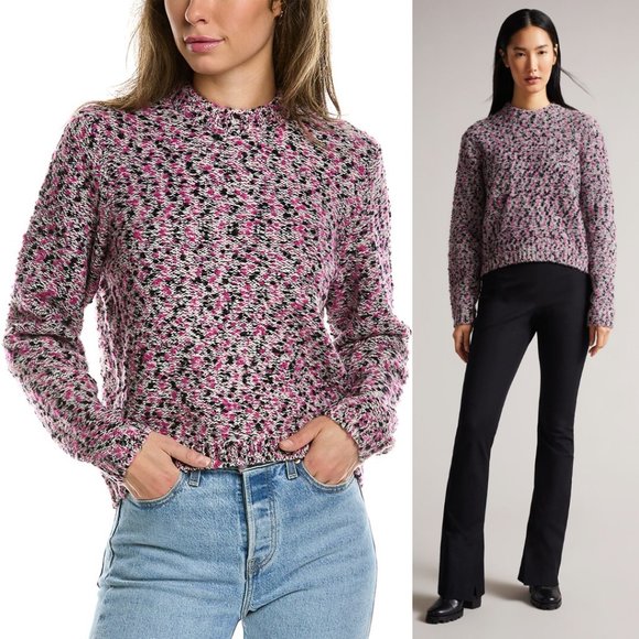 Ted Baker Bbetsy Wool Blend Cropped Knit Sweater Deep Pink Ribbed Trim Sz 4 - Picture 1 of 12
